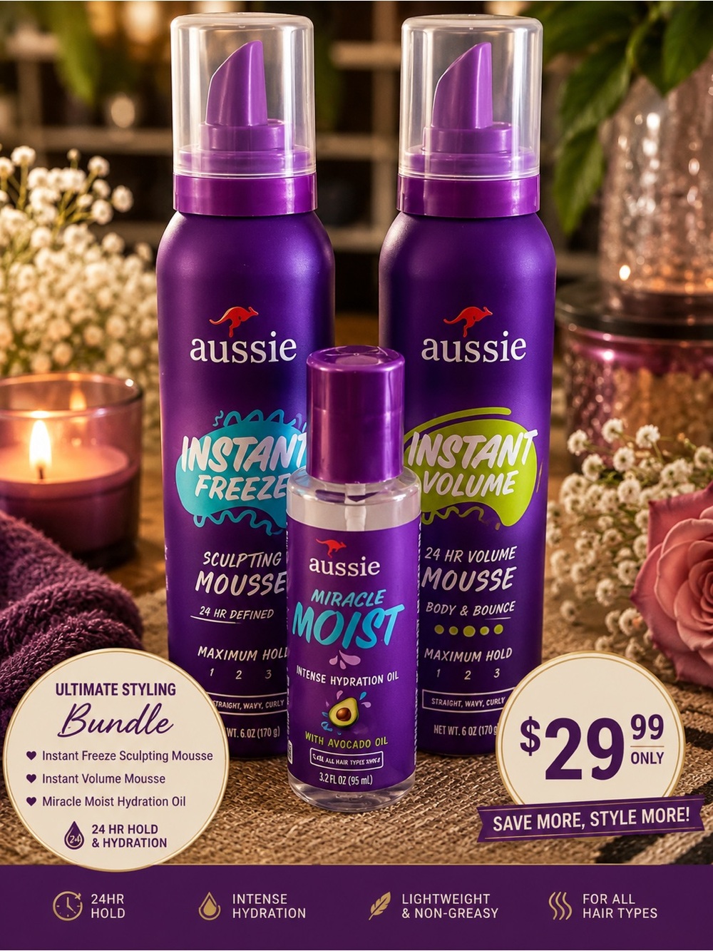 Aussie Instant Volume & Freeze Mousse + Miracle Moist Oil - Purple Set